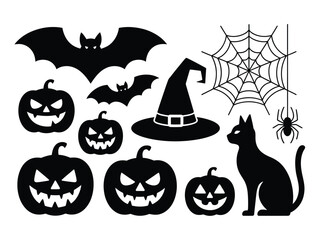 Spooky halloween vector illustration set bat pumpkin witch hat spider web black cat icons eps silhouette vector illustration white background