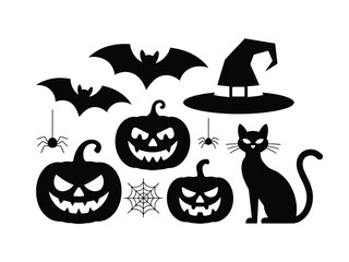 Scary halloween vector graphics set with pumpkins bats witch hat black cat and spiders for spooky designs silhouette vector illustration white background