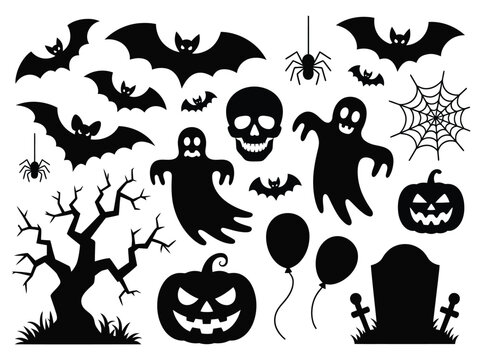 Vector halloween silhouettes collection spooky ghosts bats pumpkins spiders and haunted tree illustration silhouette vector illustration white background
