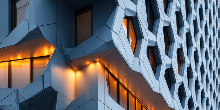 Detailed View of a Modern Geometric Facade with Illuminated Windows