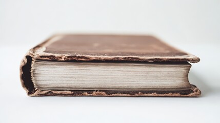 Old leather-bound book with worn edges displaying intricate craftsmanship in a well-lit environment