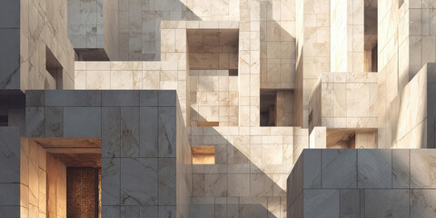 Abstract geometric architectural composition with interlocking blocks and strong shadows