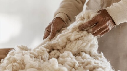Man working with raw wool in a light-filled workshop during the day