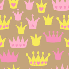 Adorable seamless vector pattern of princess crowns drawn in a playful, rounded childlike style. Pastel tones make it perfect for baby girl products, wrapping paper, and nursery decor.