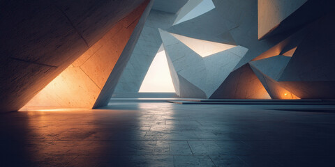 Abstract concrete interior with angular shapes and dramatic light and shadow.