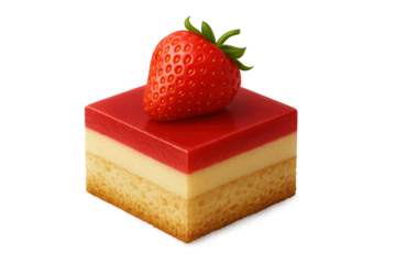 Square three-layer dessert with sponge base, creamy middle, red glossy top, crowned by fresh strawberry