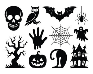 Fototapeta premium Spooky halloween vector graphics collection featuring skull owl bat spider and haunted house elements for design silhouette vector illustration white background