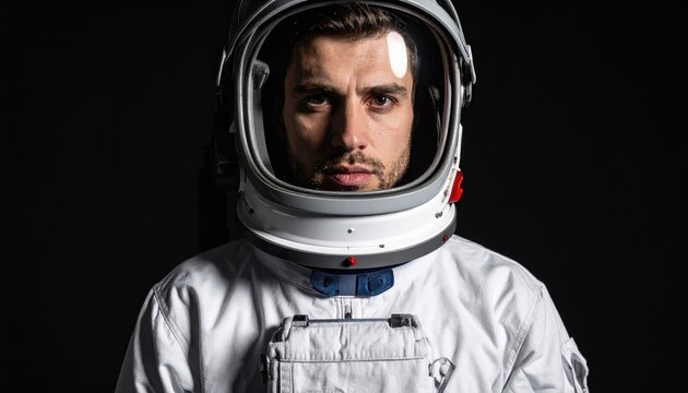 Astronaut wearing a white space suit and helmet looking intensely forward with water droplets on the visor against a dark background dramatic lighting. - Powered by Adobe