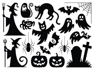 Fototapeta premium Spooky halloween silhouette vector graphics collection witch cat ghost pumpkin bat spider icon eps scalable silhouette vector illustration white background