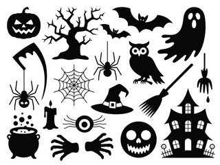 Collection of spooky halloween vector graphics for festive design and decorations silhouette vector illustration white background