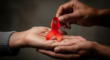 Hands holding a red ribbon, symbol of awareness and support for HIV and AIDS