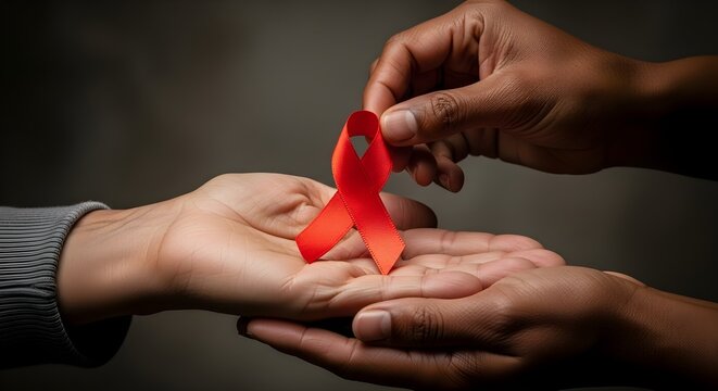 Hands holding a red ribbon, symbol of awareness and support for HIV and AIDS