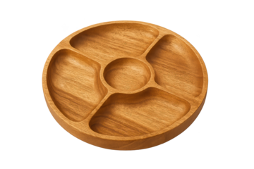 Round wooden segmented tray with four curved compartments around central well