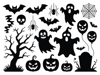 Halloween vector silhouette bundle illustration collection spooky icons scary bats ghosts pumpkins spiders trees web tombstone silhouette vector illustration white background