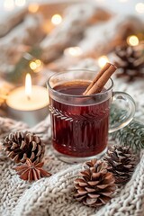 Glass of mulled wine garnished with cinnamon stick and orange slice, surrounded by festive candles, pinecones, spices, and holiday lights. Warm Christmas atmosphere.