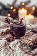 Glass of mulled wine  with cinnamon stick and orange slice, surrounded by festive candles, pinecones, spices, and holiday lights. Warm Christmas atmosphere.