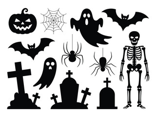 Spooky halloween vector illustration silhouette collection featuring pumpkins bats ghosts skeletons spiders and gravestones scalable eps silhouette vector illustration white background