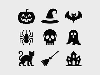 Halloween vector icon set featuring pumpkin bat ghost skull spider cat broom haunted house silhouette vector illustration white background