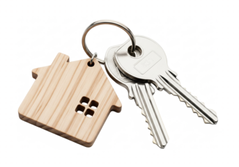 House keys with wooden home keychain isolated