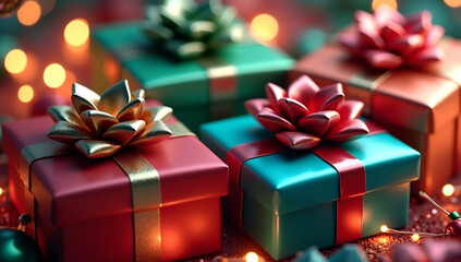 Krupnyy plan elegantno upakovannykh podarochnykh korobok s glyantsevymi bantami i metallizirovannoy bumagoy. Novogodniy padarok Ruki derzhat svetyashchiysya snezhnyy shar s kruzhashchimisya blestkami 