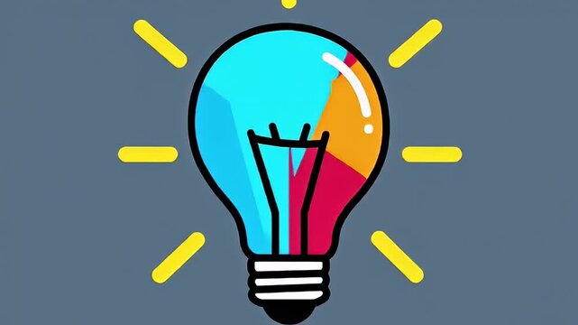 Stylized light bulb with split color palette against a gray backdrop and yellow rays