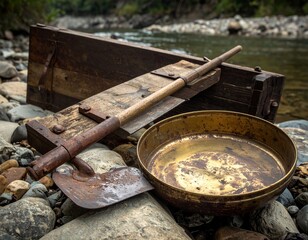 Vintage Gold Panning Kit on Rocky Riverbed Prospecting History Mining Adventure and Treasure Hunt