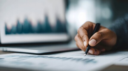 Naklejka premium Focused hand writing on document near laptop displaying financial graph analysis