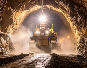 Massive Mining Excavator Operating in Dark Tunnel Creating New Underground Passageway with Dust and Light Beams