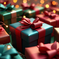 Krupnyy plan elegantno upakovannykh podarochnykh korobok s glyantsevymi bantami i metallizirovannoy bumagoy. Novogodniy padarok Ruki derzhat svetyashchiysya snezhnyy shar s kruzhashchimisya blestkami 