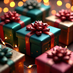 Krupnyy plan elegantno upakovannykh podarochnykh korobok s glyantsevymi bantami i metallizirovannoy bumagoy. Novogodniy padarok Ruki derzhat svetyashchiysya snezhnyy shar s kruzhashchimisya blestkami 