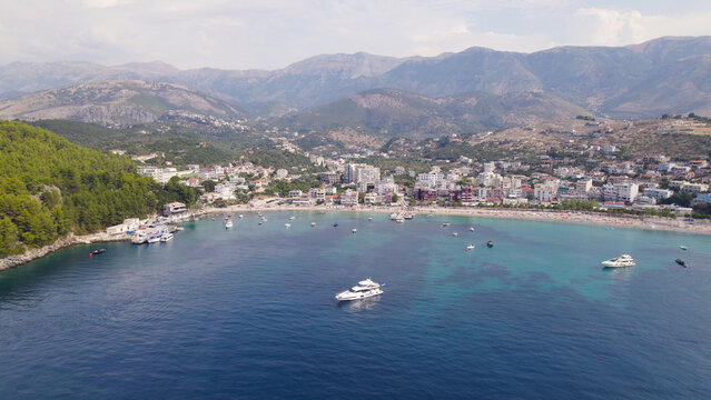 Himare Albania Drone View of Beach and Mountains