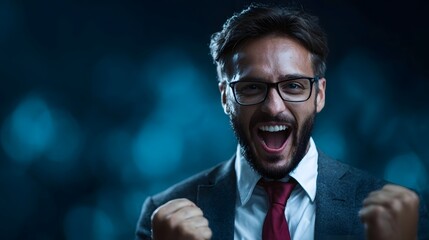 A jubilant businessman in a suit expresses intense excitement and triumph with an open mouth and clenched fists celebrating a significant achievement