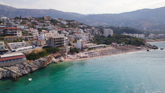 Drone View of Himare Albania Seaside and Mountains