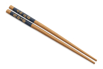 Two wooden chopsticks with dark blue lacquered tips featuring gold floral patterns