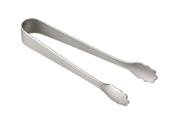 Shiny stainless steel kitchen tongs with scalloped ends for gripping foods