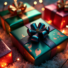 Krupnyy plan elegantno upakovannykh podarochnykh korobok s glyantsevymi bantami i metallizirovannoy bumagoy. Novogodniy padarok Ruki derzhat svetyashchiysya snezhnyy shar s kruzhashchimisya blestkami 