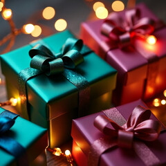 Krupnyy plan elegantno upakovannykh podarochnykh korobok s glyantsevymi bantami i metallizirovannoy bumagoy. Novogodniy padarok Ruki derzhat svetyashchiysya snezhnyy shar s kruzhashchimisya blestkami 