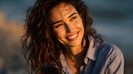 A woman with curly brown hair smiles warmly in the golden light of sunrise or sunset exuding happiness and contentment