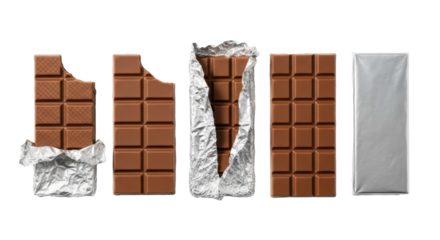 Five rectangular milk chocolate bars, fully wrapped to partially eaten, arranged horizontally on a transparent background with soft studio light, highlighting texture. Concept of chocolate stages