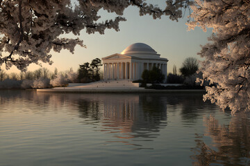 Obraz premium Serene Cherry Blossom Reflection at Jefferson Memorial During Golden Hour in Washington D.C.