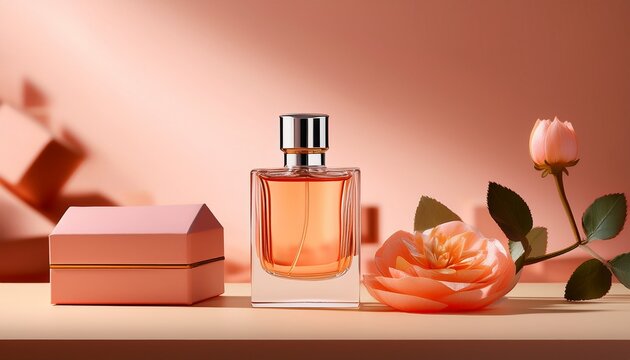 High Quality Shot Of A Peach Colored Perfume Bottle And Its Packaging The Image Highlights The Product S Aesthetic And Visual Appeal