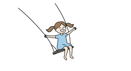Cartoon Girl with Ponytails Swinging Happily on a Swing.