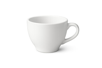 Plain white ceramic coffee cup with curved handle