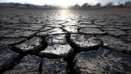 Parched, cracked earth stretches toward the horizon as the sun glints off the dry mud, a stark scene of severe drought. Concept Parched landscape, Cracked earth, Sun-baked mud, Drought severity