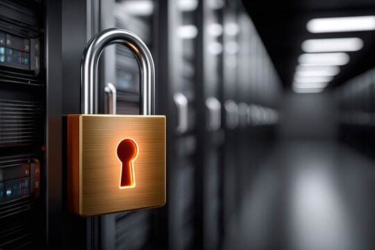 Padlock locking server rack representing data security concept
