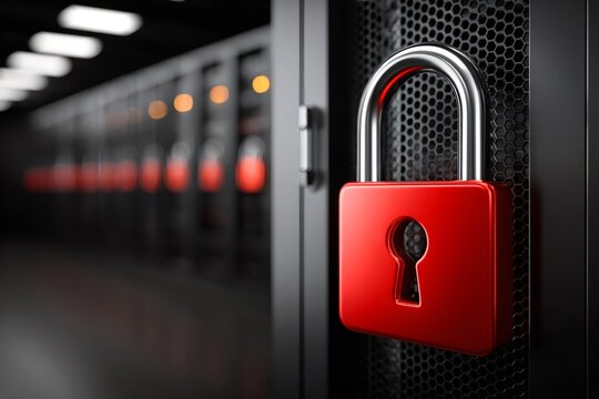 Red padlock securing server cabinet in data center