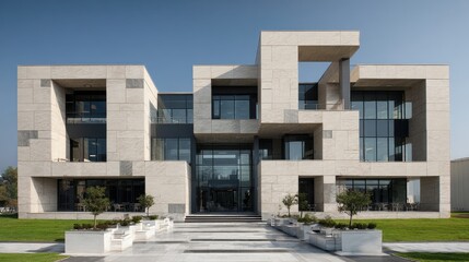Modern Geometric Office Building with Stone Facade and Glass