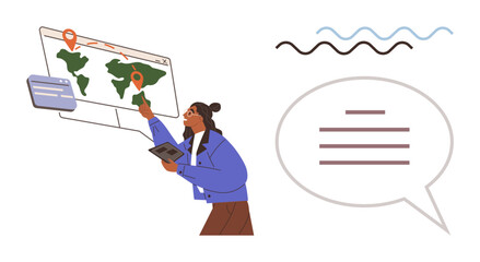 Woman pointing at a world map with location markers, using a tablet, speech bubble symbolizing discussion. Ideal for teamwork, navigation, education, planning, analysis, communication strategy