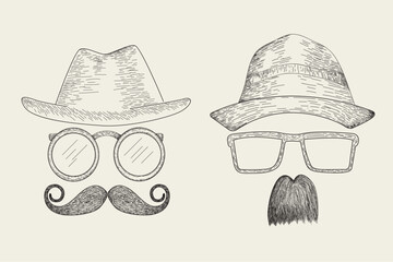 Engraving Drawing Hat Mustache Glasses