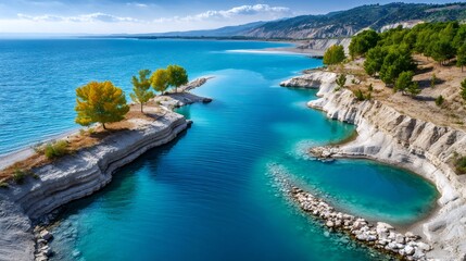 Turquoise lake water contrasting autumn and green trees